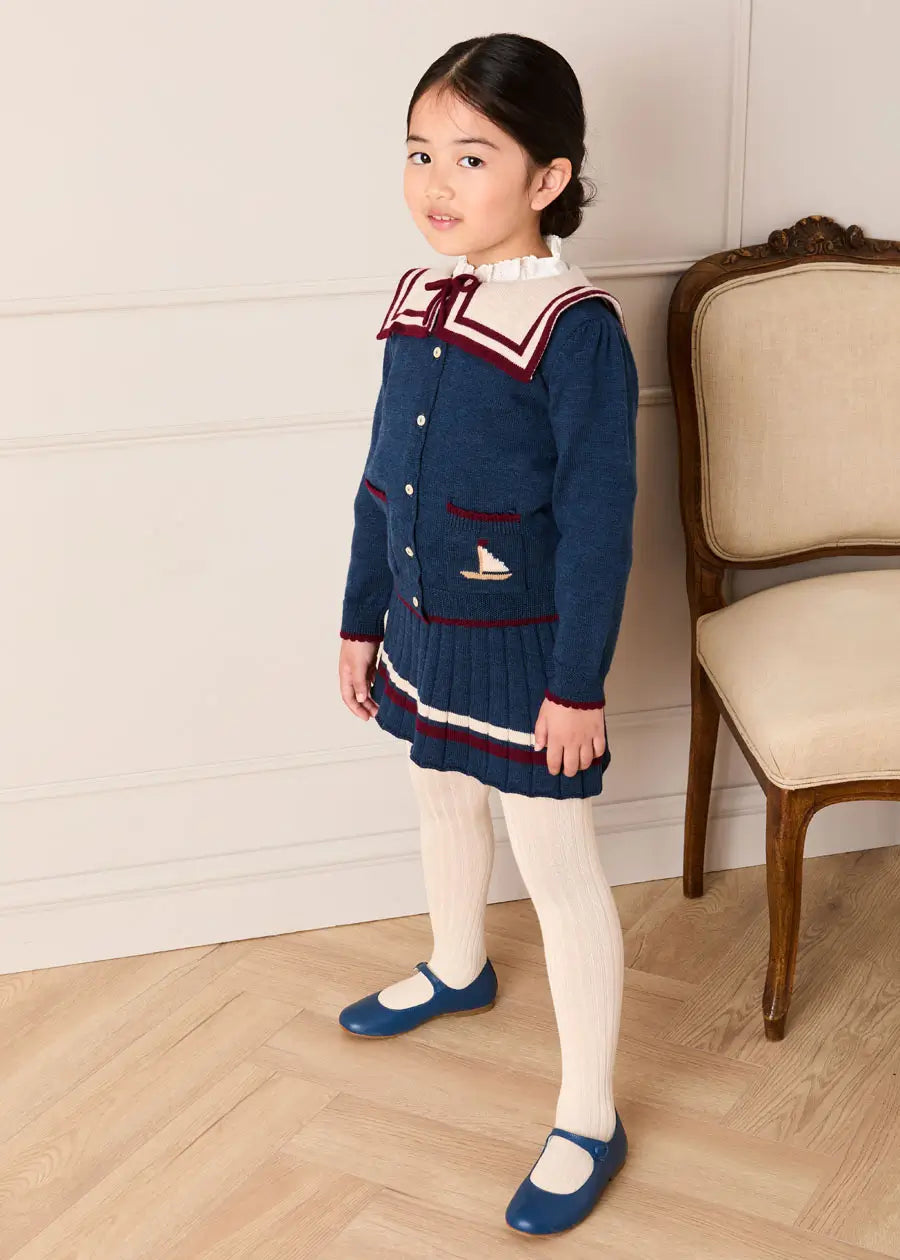 Mariner Collar Jacquard Boat Embroidered Detail Cardigan in Navy (3-10yrs) Knitwear from Pepa London