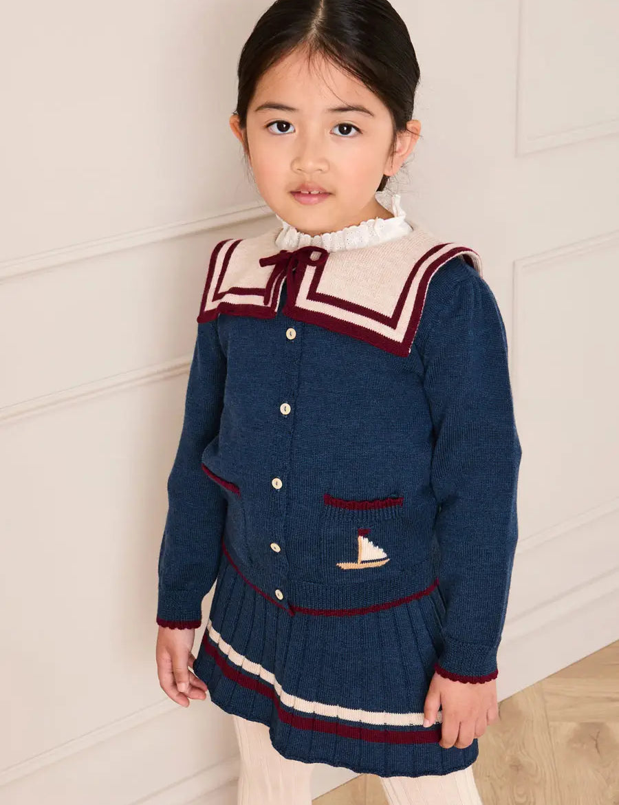 Mariner Collar Jacquard Boat Embroidered Detail Cardigan in Navy (3-10yrs) Knitwear from Pepa London
