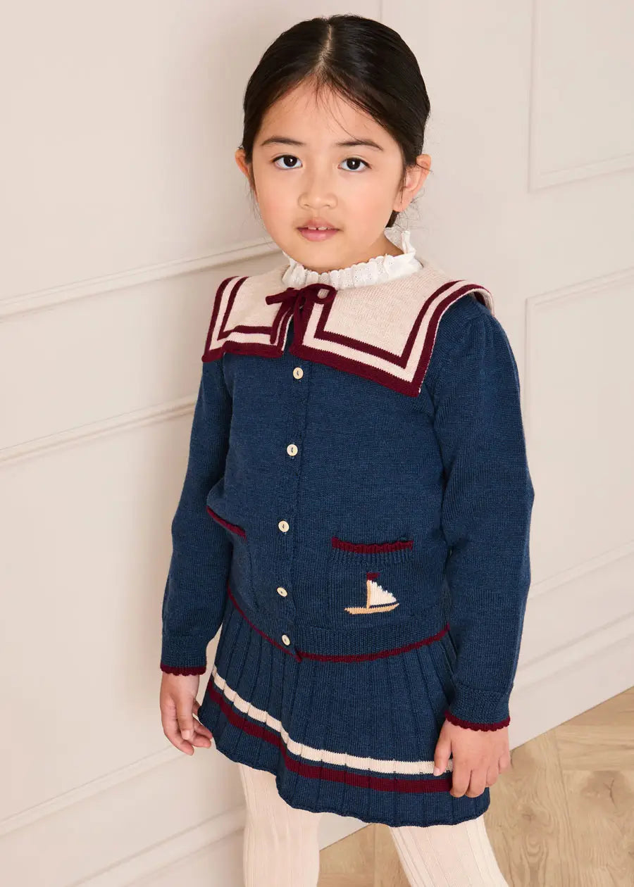Mariner Collar Jacquard Boat Embroidered Detail Cardigan in Navy (3-10yrs) Knitwear from Pepa London