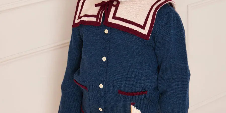 Mariner Collar Jacquard Boat Embroidered Detail Cardigan in Navy (3-10yrs) Knitwear from Pepa London