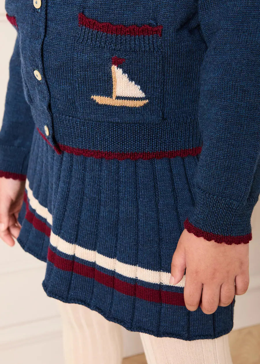 Mariner Collar Jacquard Boat Embroidered Detail Cardigan in Navy (3-10yrs) Knitwear from Pepa London