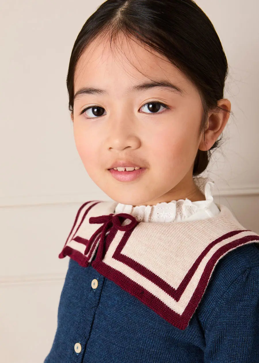 Mariner Collar Jacquard Boat Embroidered Detail Cardigan in Navy (3-10yrs) Knitwear from Pepa London