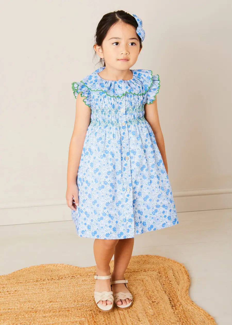 Olivia Floral Smocked Ruffle Collar Sleeveless Dress in Blue (12mths-10yrs) DRESSES from Pepa London
