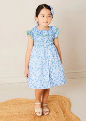 Olivia Floral Smocked Ruffle Collar Sleeveless Dress in Blue (12mths-10yrs) DRESSES from Pepa London