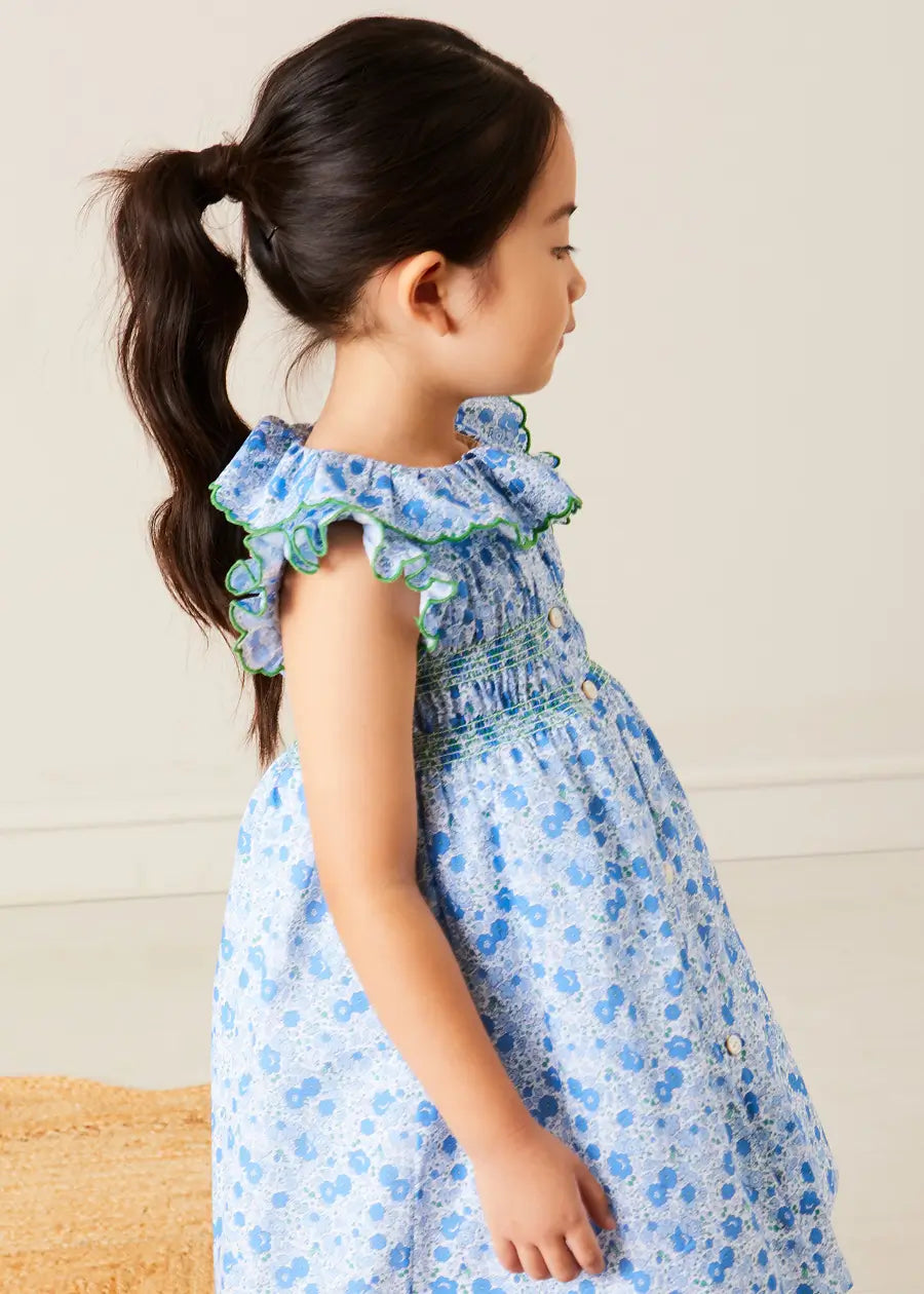 Olivia Floral Smocked Ruffle Collar Sleeveless Dress in Blue (12mths-10yrs) DRESSES from Pepa London