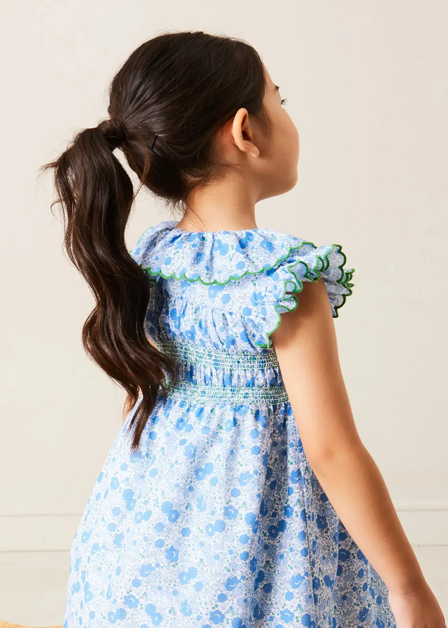 Olivia Floral Smocked Ruffle Collar Sleeveless Dress in Blue (12mths-10yrs) DRESSES from Pepa London