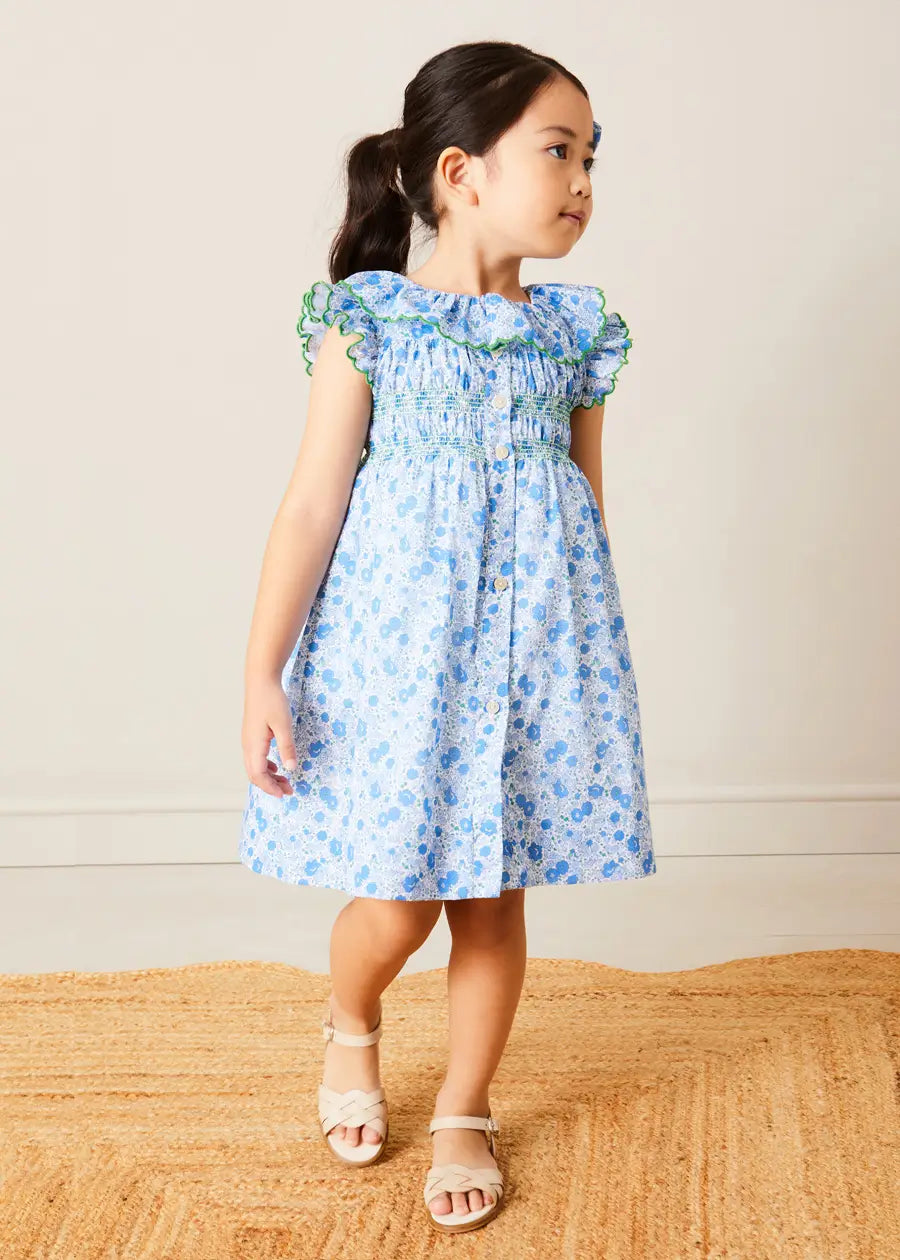 Olivia Floral Smocked Ruffle Collar Sleeveless Dress in Blue (12mths-10yrs) DRESSES from Pepa London