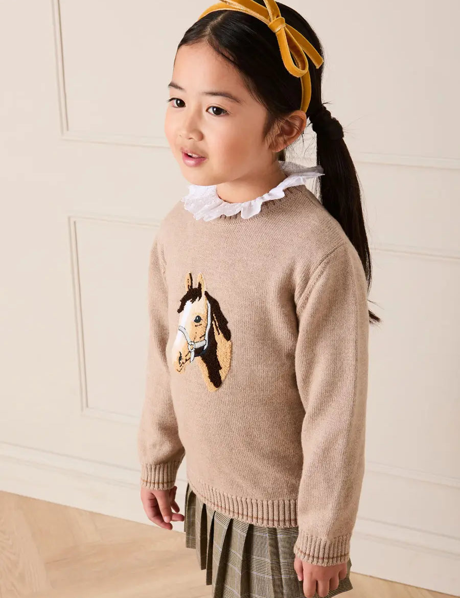 Horse Embroidered Button Detail Jumper in Beige (18mths-10yrs) Knitwear from Pepa London