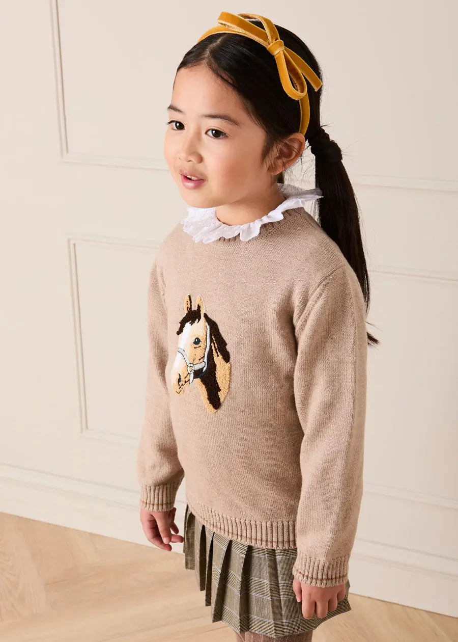Horse Embroidered Button Detail Jumper in Beige (18mths-10yrs) Knitwear from Pepa London