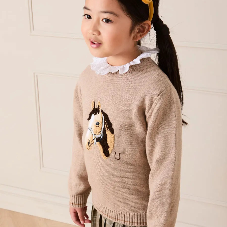 Horse Embroidered Button Detail Jumper in Beige (18mths-10yrs) Knitwear from Pepa London
