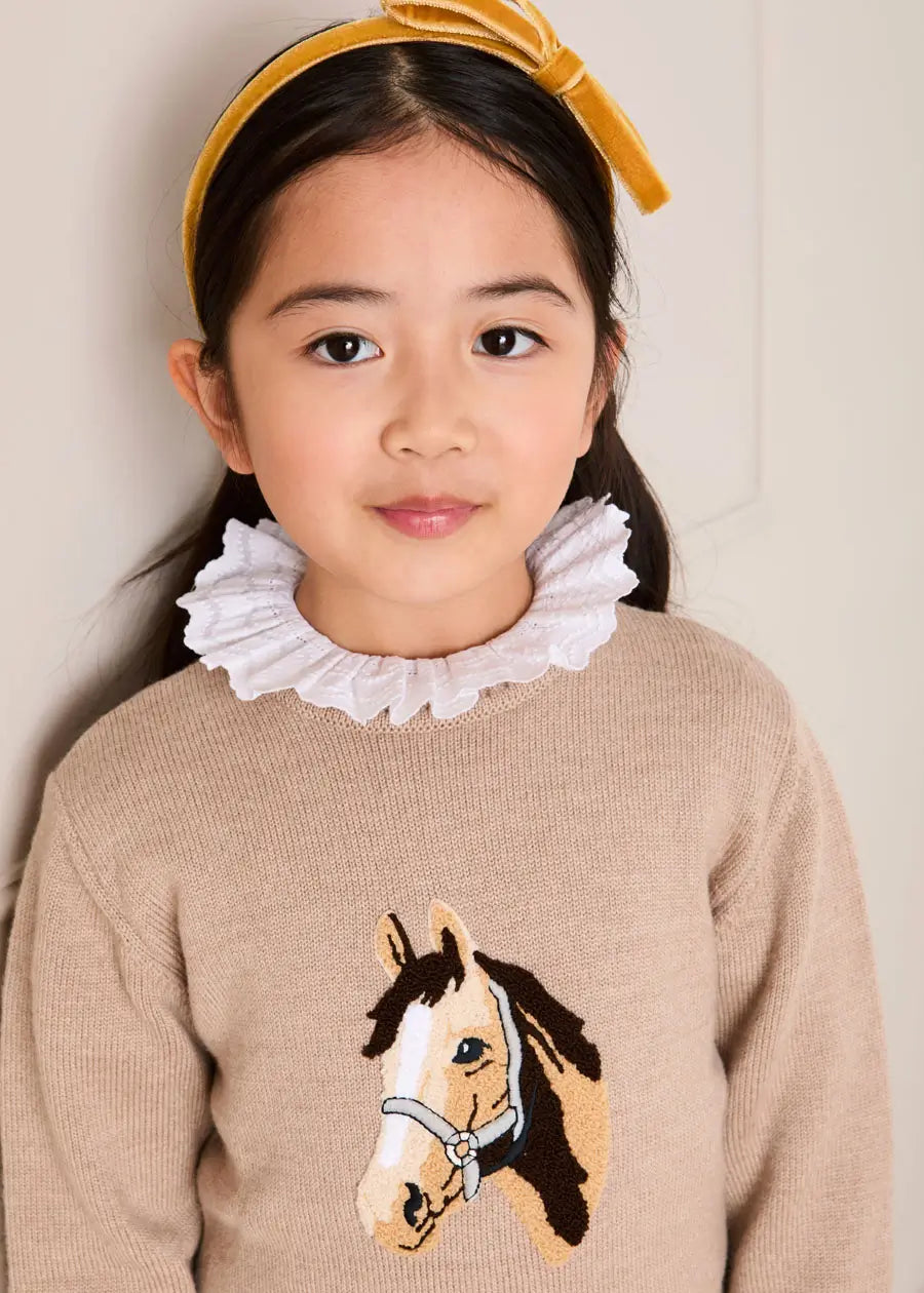 Horse Embroidered Button Detail Jumper in Beige (18mths-10yrs) Knitwear from Pepa London