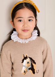 Horse Embroidered Button Detail Jumper in Beige (18mths-10yrs)