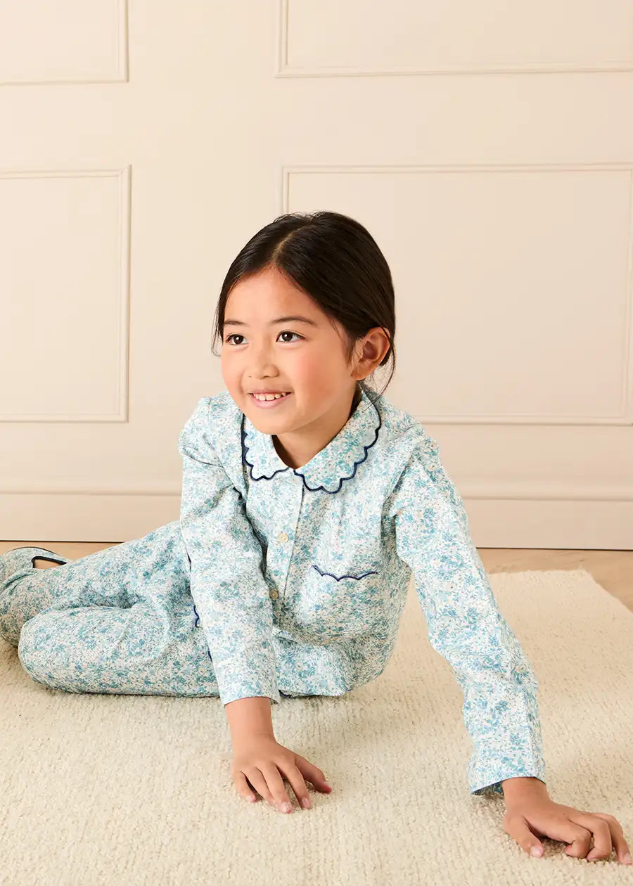 Maisie Floral Scallop Collar Long Sleeve Pyjamas in Blue (2-10yrs) Nightwear from Pepa London