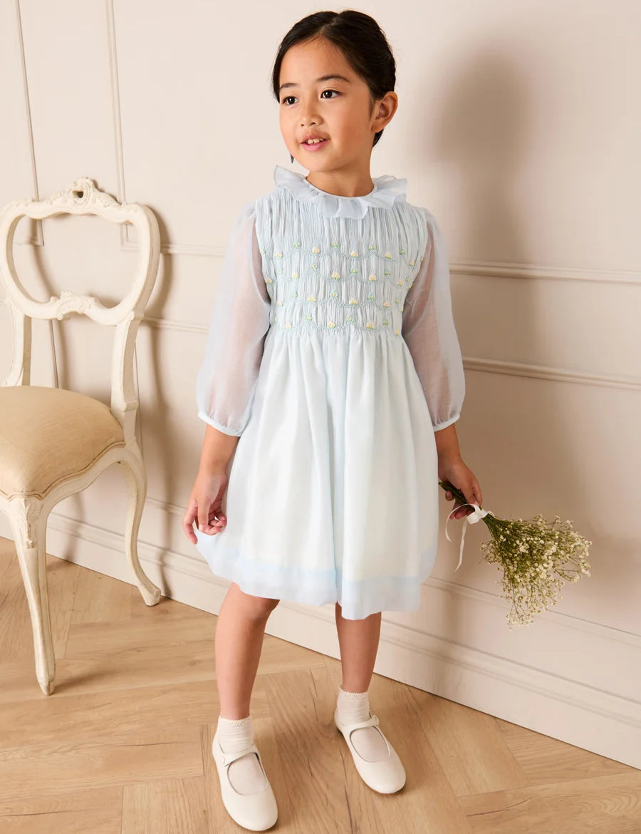 Daisy Embroidered Hand Smocked Long Sleeve Dress in Blue (18mths-8yrs) Dresses from Pepa London