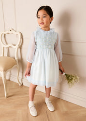 Daisy Embroidered Hand Smocked Long Sleeve Dress in Blue (18mths-8yrs) Dresses from Pepa London