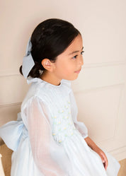 Daisy Embroidered Hand Smocked Long Sleeve Dress in Blue (18mths-8yrs) Dresses from Pepa London