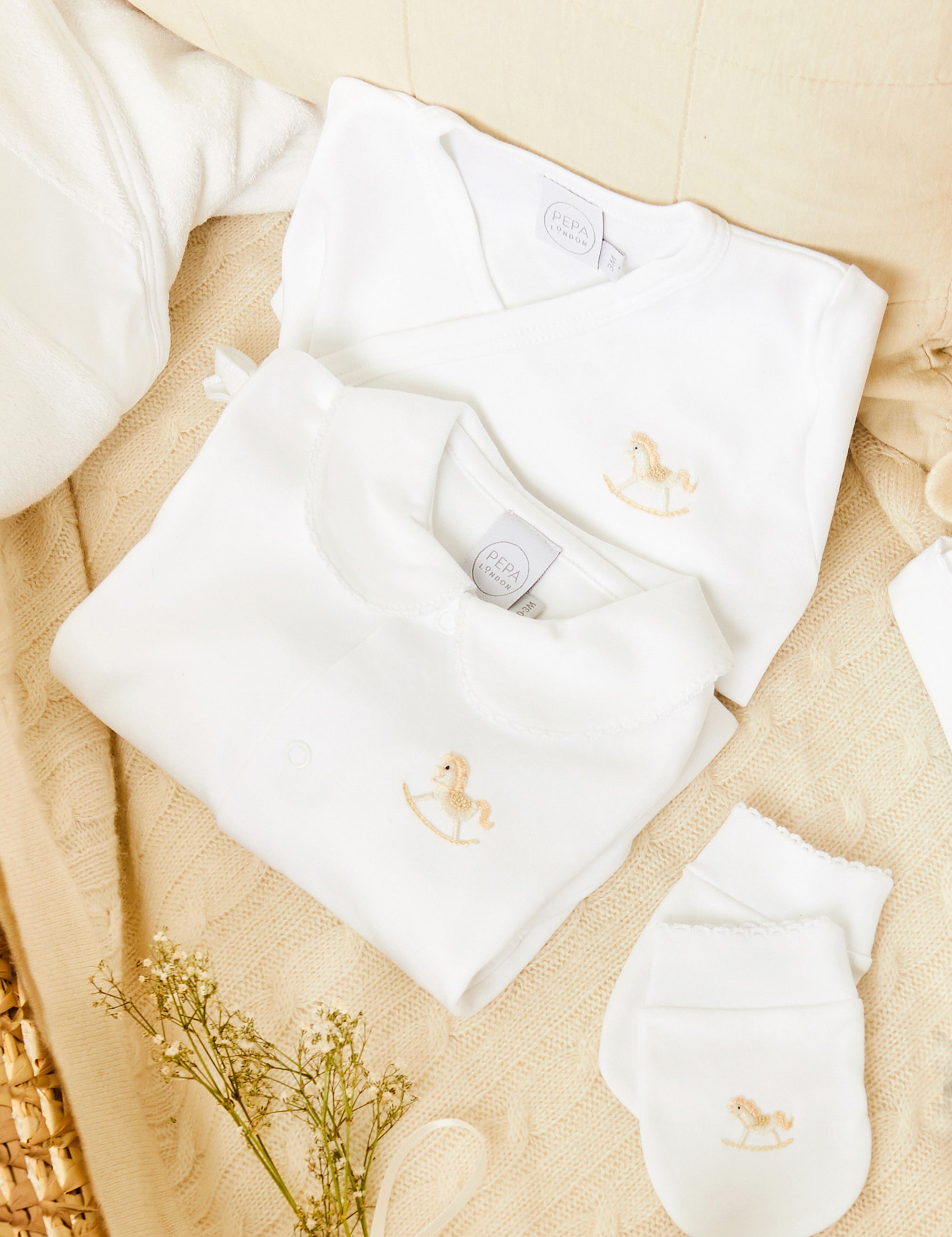 Newborn Mittens with Rocking Horse Embroidery Beige (1-3mths) Accessories  from Pepa London
