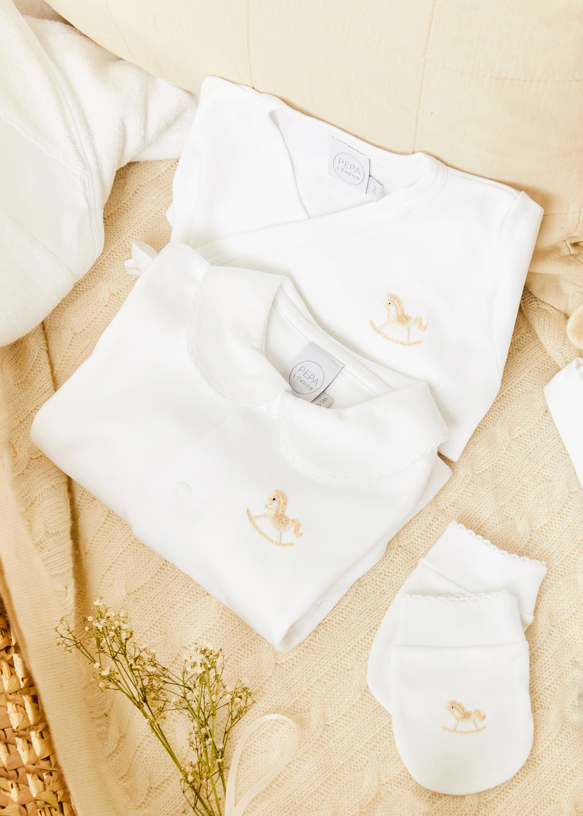 Newborn Side Tie Bodysuit With Rocking Horse Embroidery Beige (1-6mths) Tops & Bodysuits  from Pepa London