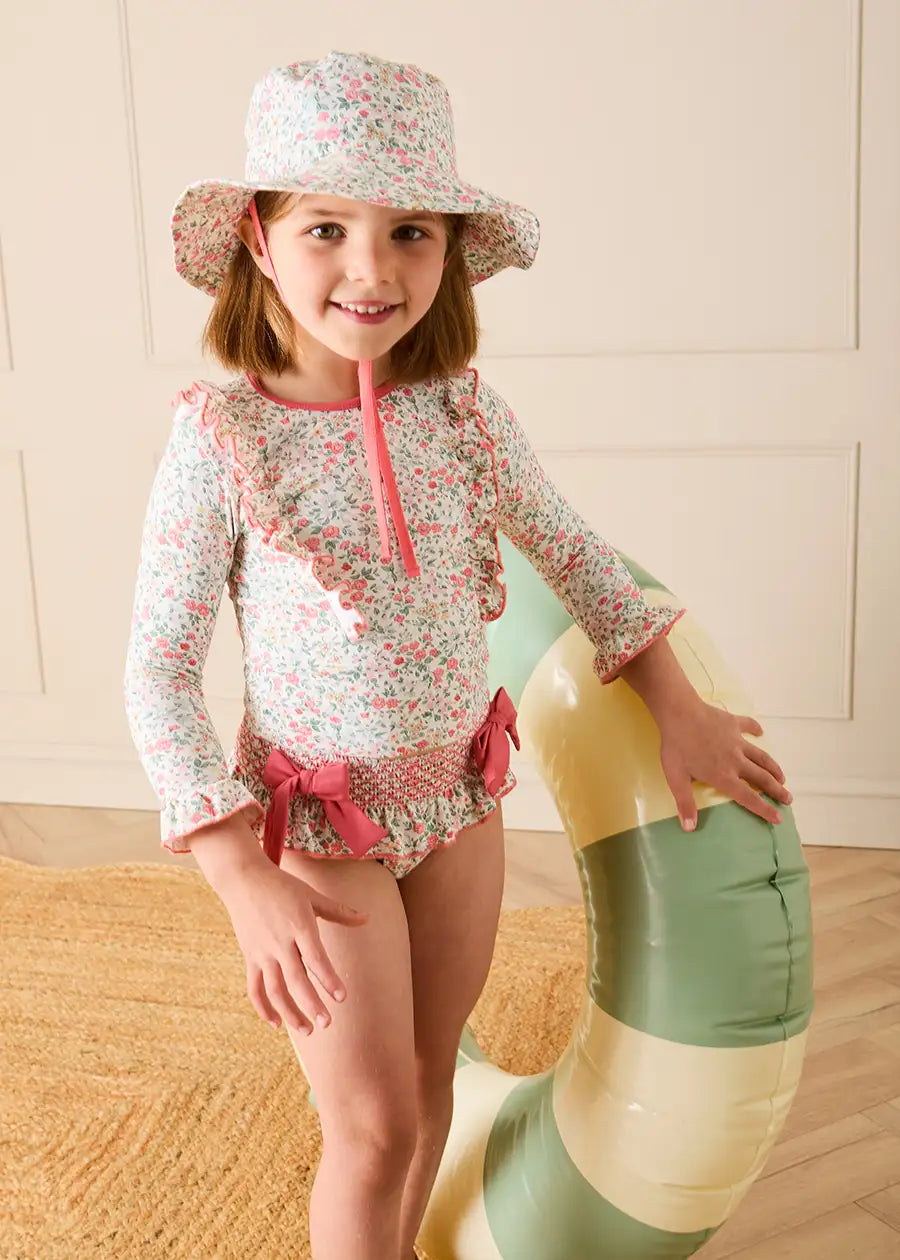 Violet Floral Bow Detail Long Sleeve Two Piece Swimsuit in Pink (2-10yrs) Nightwear from Pepa London