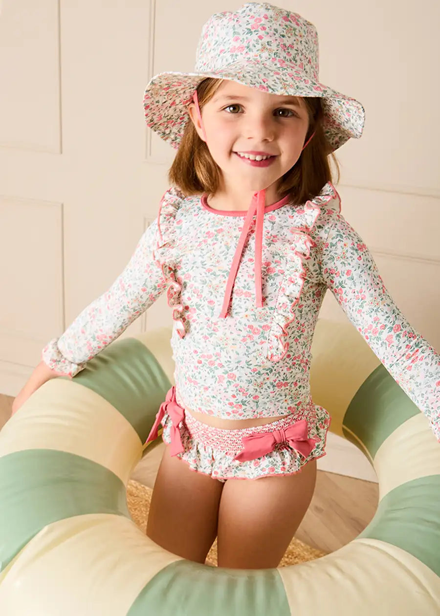 Violet Floral Bow Detail Long Sleeve Two Piece Swimsuit in Pink (2-10yrs) Nightwear from Pepa London