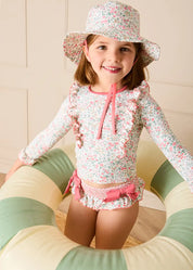 Violet Floral Bow Detail Long Sleeve Two Piece Swimsuit in Pink (2-10yrs) Nightwear from Pepa London