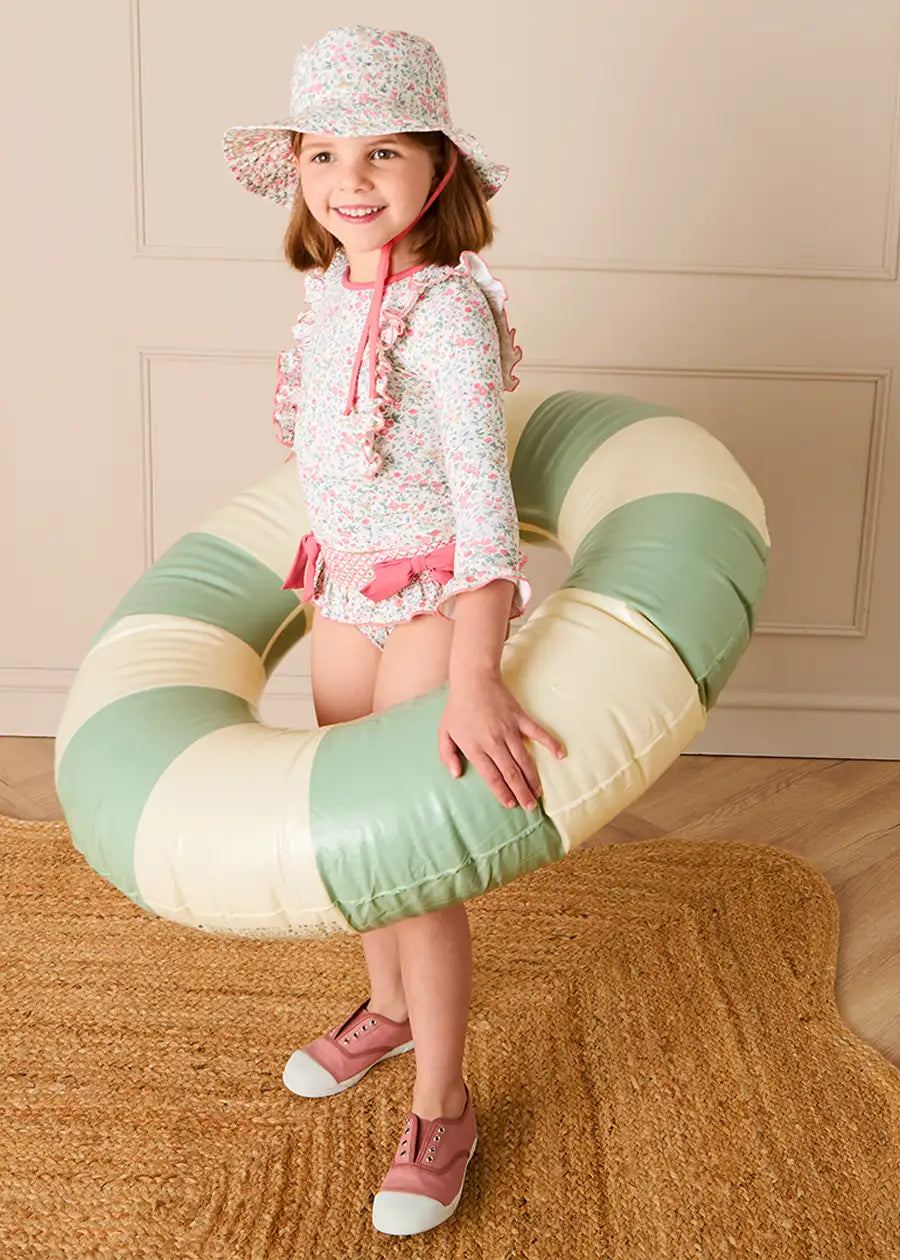 Violet Floral Bow Detail Long Sleeve Two Piece Swimsuit in Pink (2-10yrs) Nightwear from Pepa London