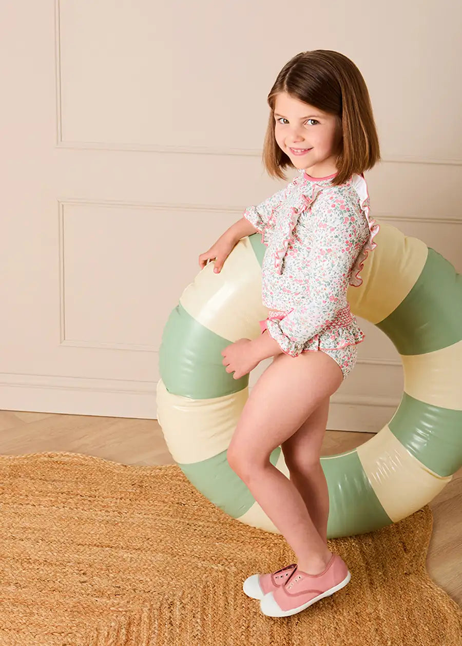 Violet Floral Bow Detail Long Sleeve Two Piece Swimsuit in Pink (2-10yrs) Nightwear from Pepa London