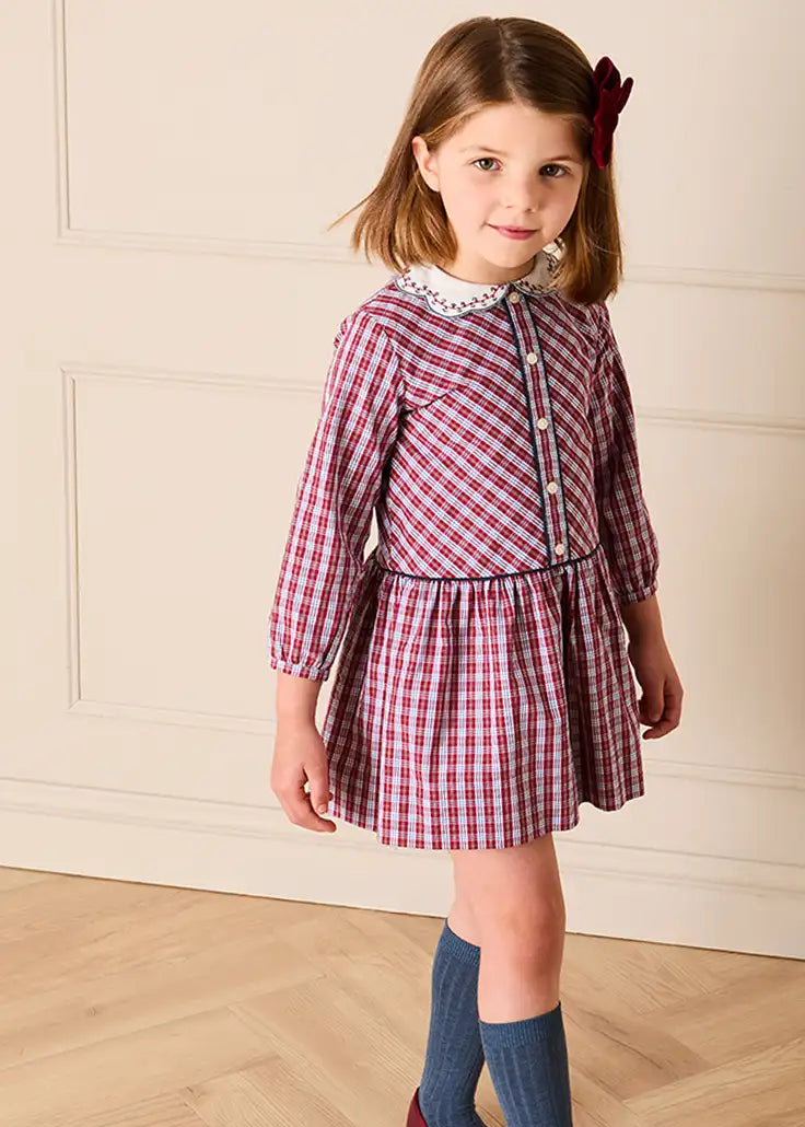 Arlington Check Long Sleeve Drop Waist Embroidered Dress in Burgundy (18mths-10yrs) Dresses from Pepa London