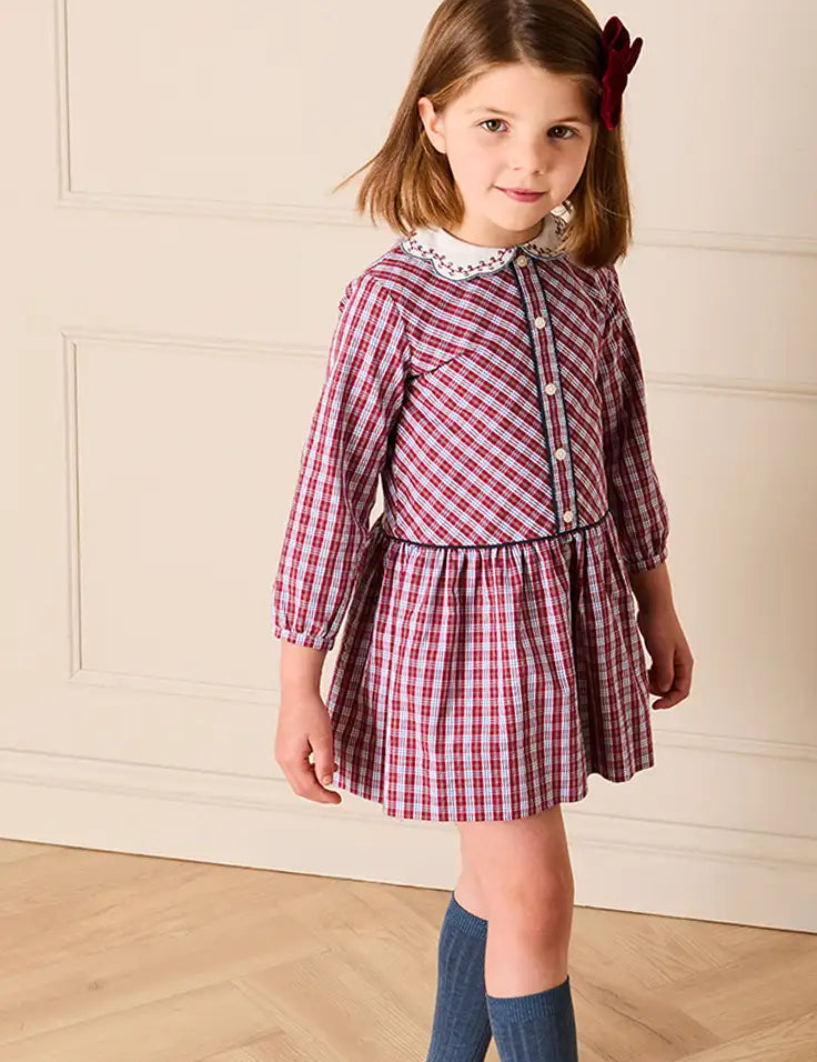 Arlington Check Long Sleeve Drop Waist Embroidered Dress in Burgundy (18mths-10yrs) Dresses from Pepa London