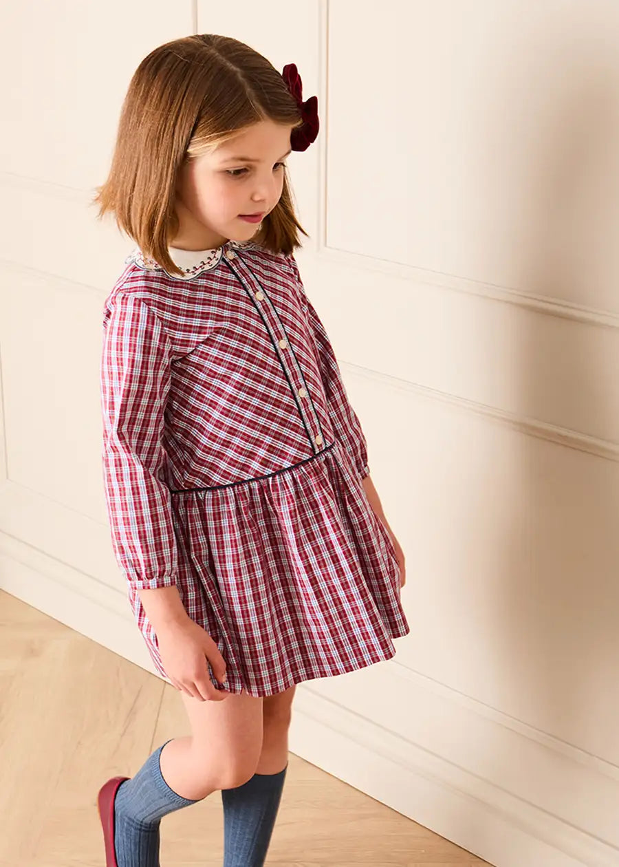 Arlington Check Long Sleeve Drop Waist Embroidered Dress in Burgundy (18mths-10yrs) Dresses from Pepa London