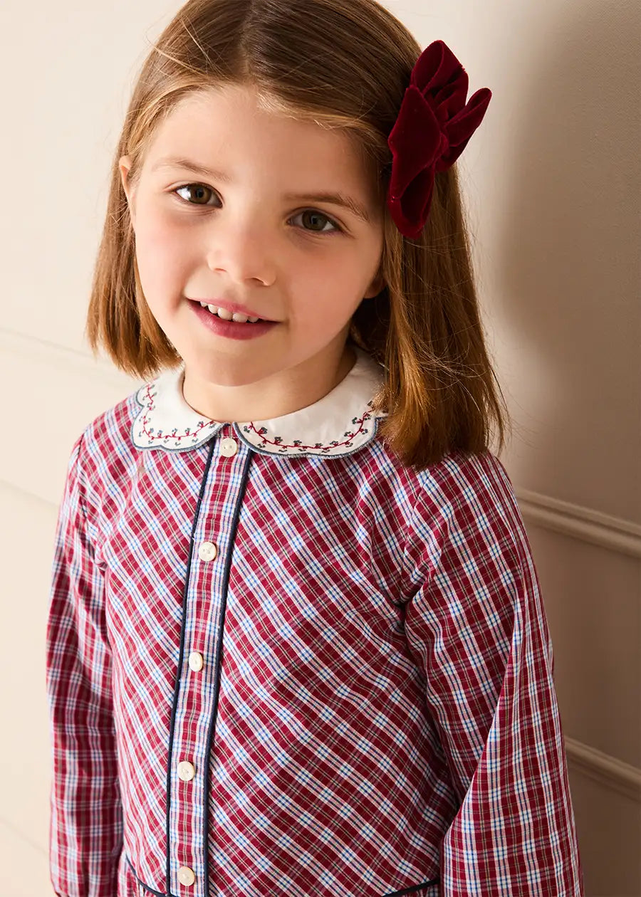 Arlington Check Long Sleeve Drop Waist Embroidered Dress in Burgundy (18mths-10yrs) Dresses from Pepa London