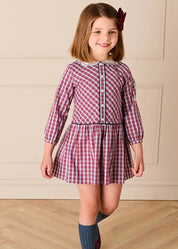 Arlington Check Long Sleeve Drop Waist Embroidered Dress in Burgundy (18mths-10yrs) Dresses from Pepa London