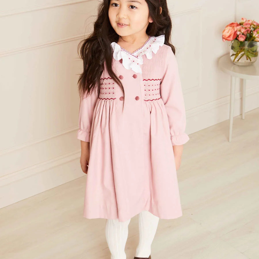 Hand Smocked Double Breasted Long Sleeve Dress in Pink (12mths-10yrs) Dresses from Pepa London
