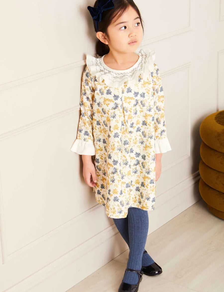 Eliza Floral Hand Smocked Long Sleeve Dress in Beige (2-10yrs) Dresses from Pepa London