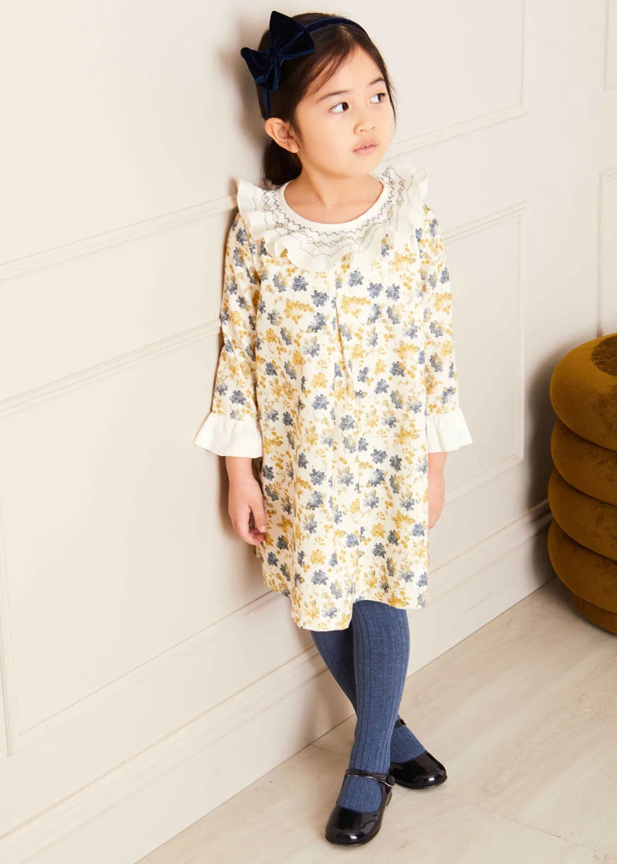 Eliza Floral Hand Smocked Long Sleeve Dress in Beige (2-10yrs) Dresses from Pepa London