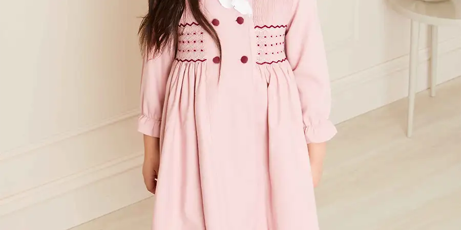 Hand Smocked Double Breasted Long Sleeve Dress in Pink (12mths-10yrs) DRESSES from Pepa London