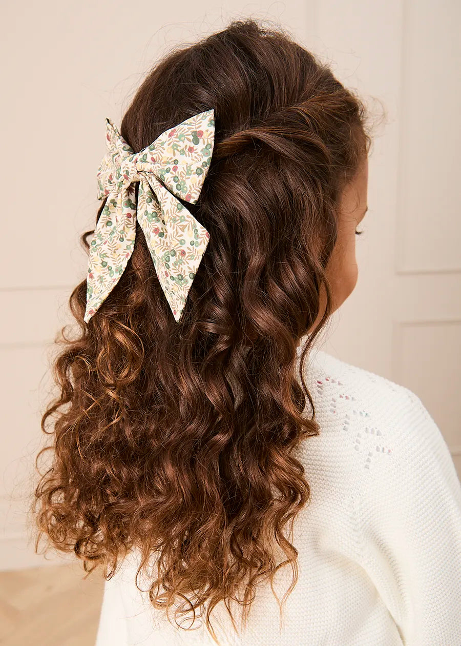Evelyn Floral Long Bow Hair Clip in Green