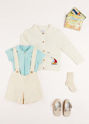 Nautical Boat Embroidery Polo Collar Cardigan in Cream (12mths-6yrs) Knitwear from Pepa London