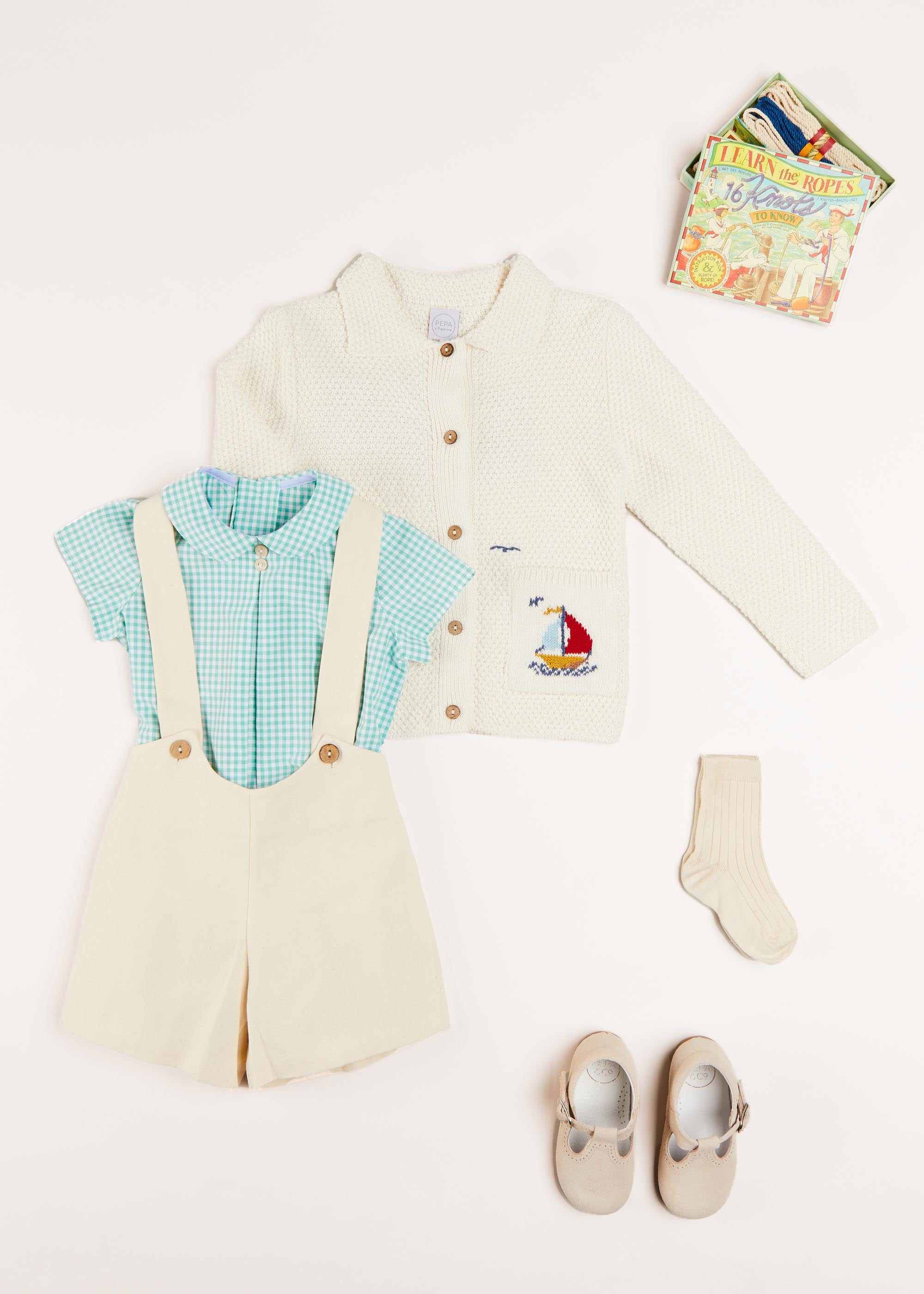 Nautical Boat Embroidery Polo Collar Cardigan in Cream (12mths-6yrs) Knitwear from Pepa London