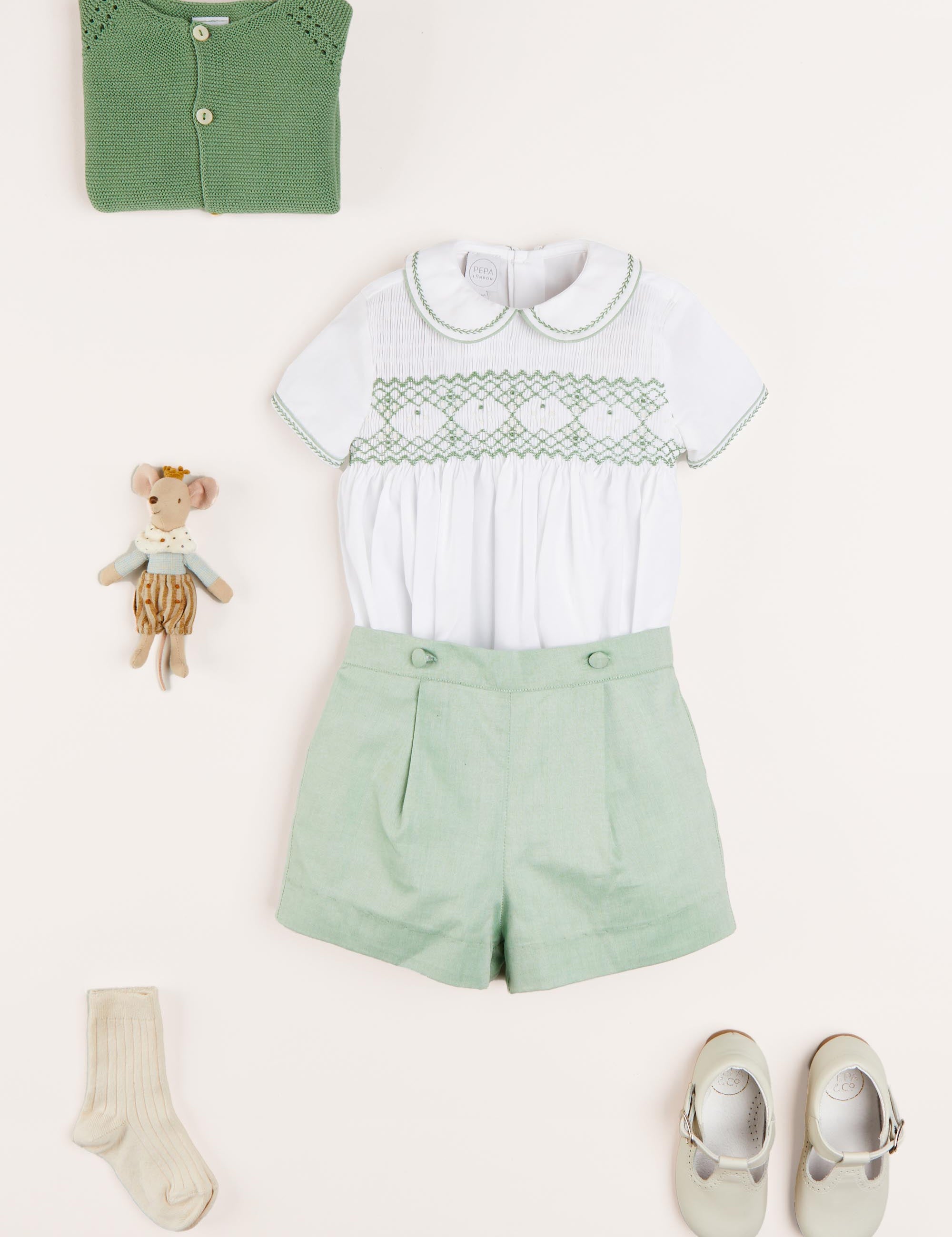 Hand Smocked Peter Pan Collar Short Sleeve Two Piece Set in Green (18mths-6yrs) Two Piece Set  from Pepa London