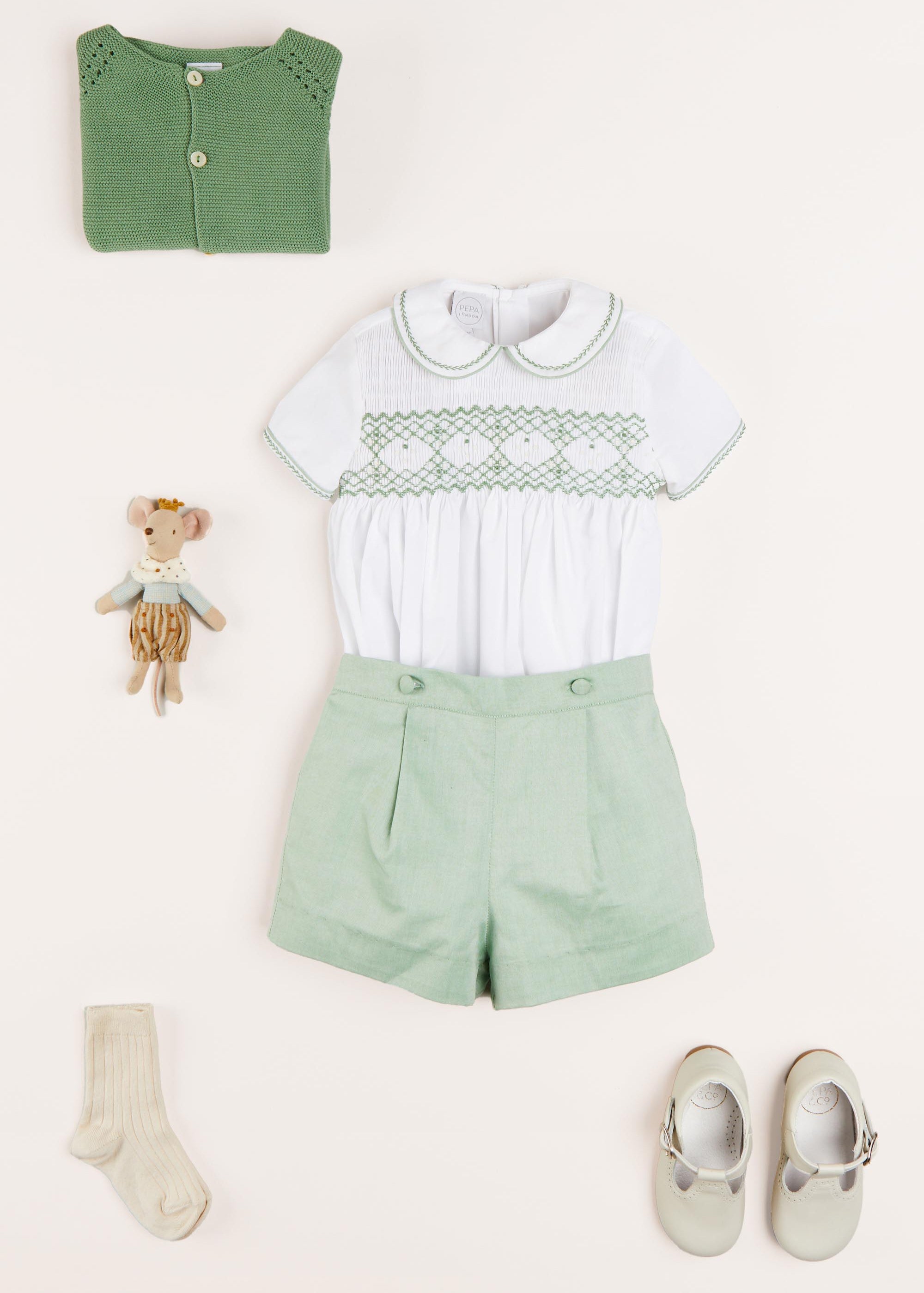 Hand Smocked Peter Pan Collar Short Sleeve Two Piece Set in Green (18mths-6yrs) Two Piece Set  from Pepa London