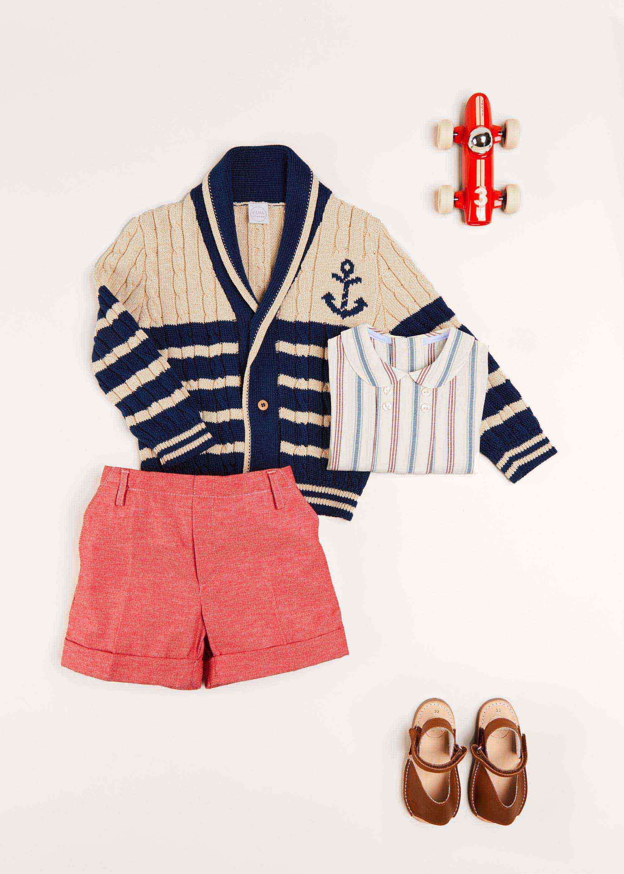Anchor Motif Striped Cable Knit Cardigan in Navy (2-10yrs) Knitwear  from Pepa London
