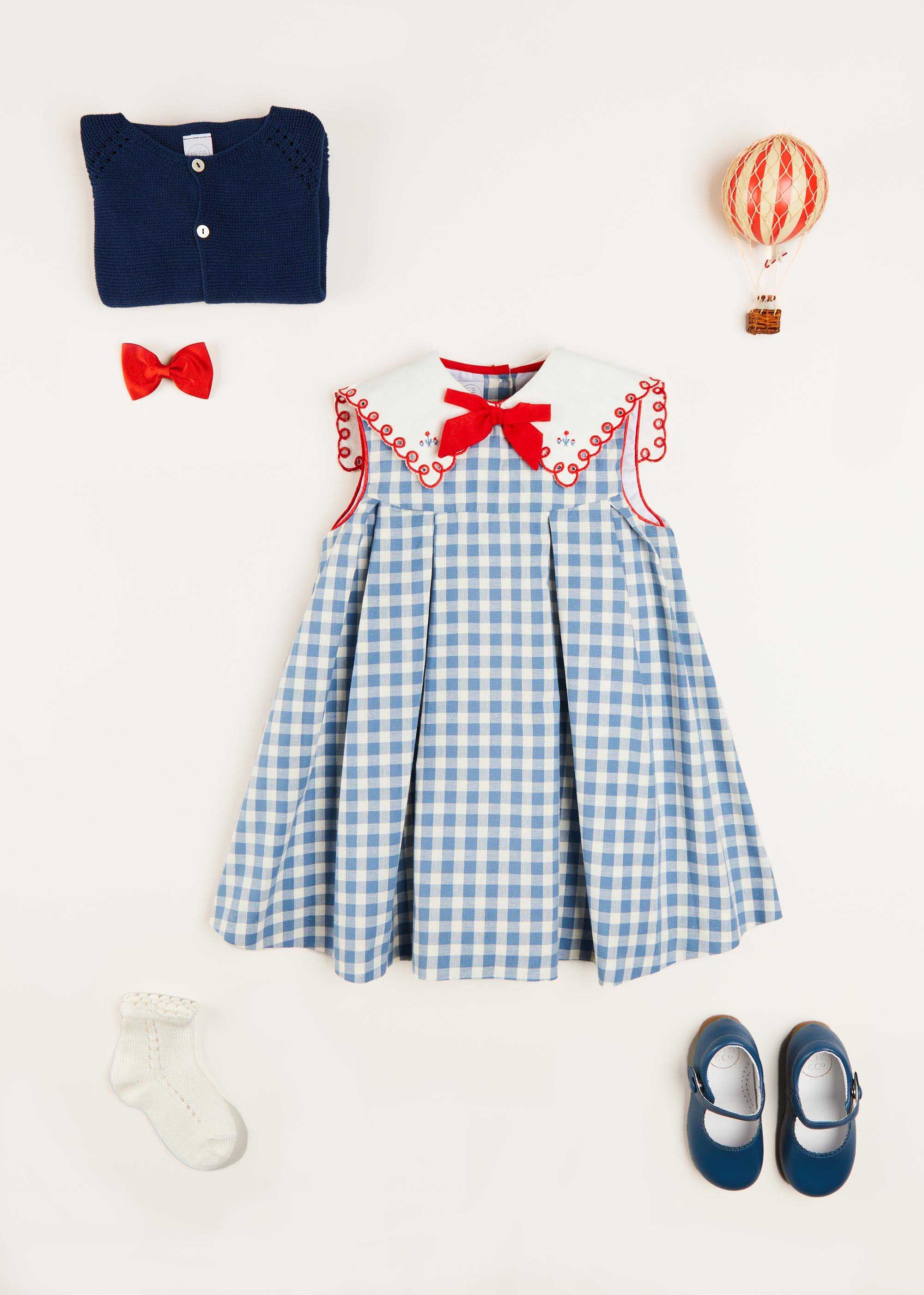 Embroidered Gingham Sleeveless Dress in Blue (12mths-12yrs) Dresses from Pepa London