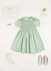 Hand Smocked Peter Pan Collar Short Sleeve Dress in Green (12mths-10yrs) Dresses  from Pepa London