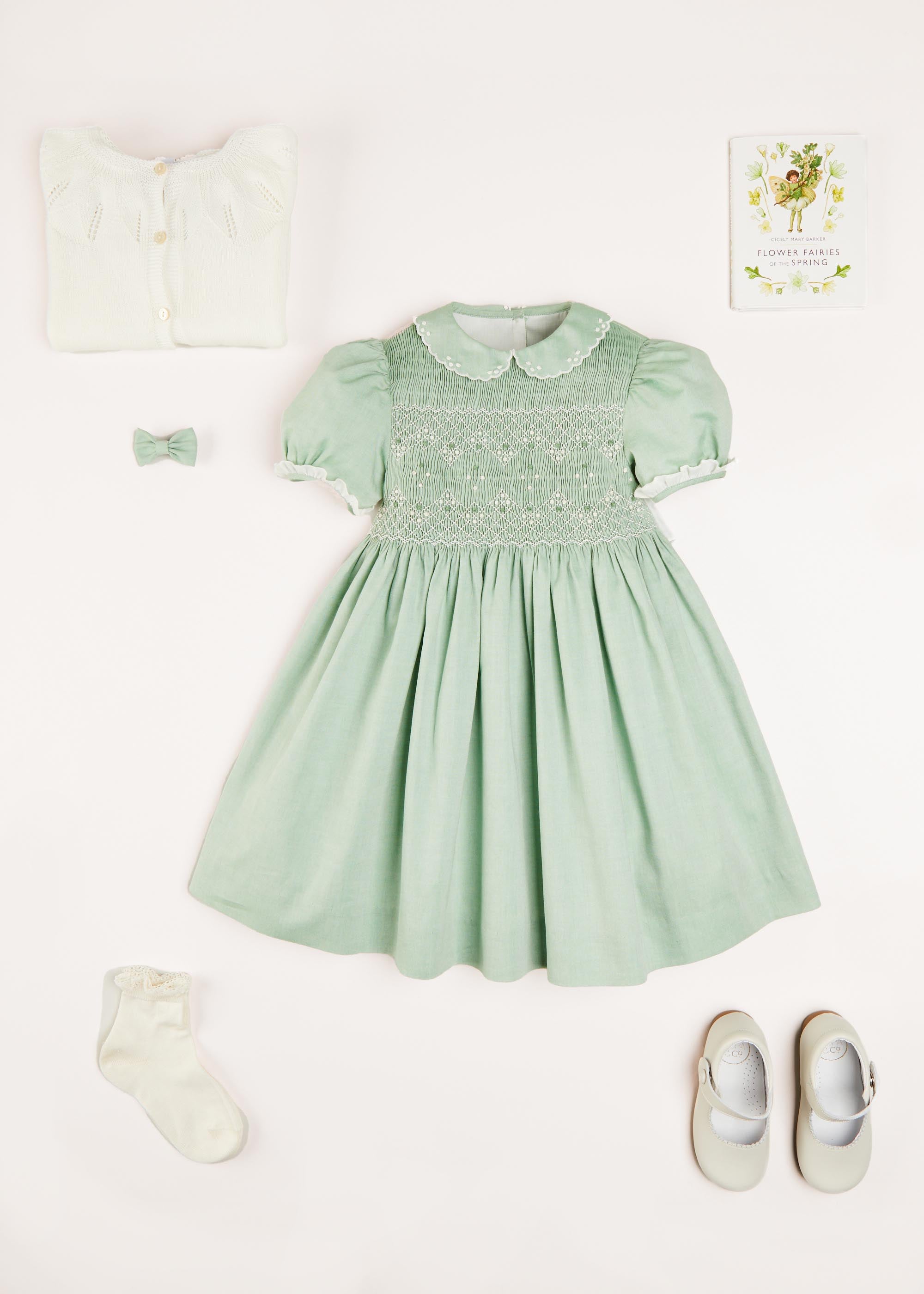 Hand Smocked Peter Pan Collar Short Sleeve Dress in Green (12mths-10yrs) Dresses  from Pepa London