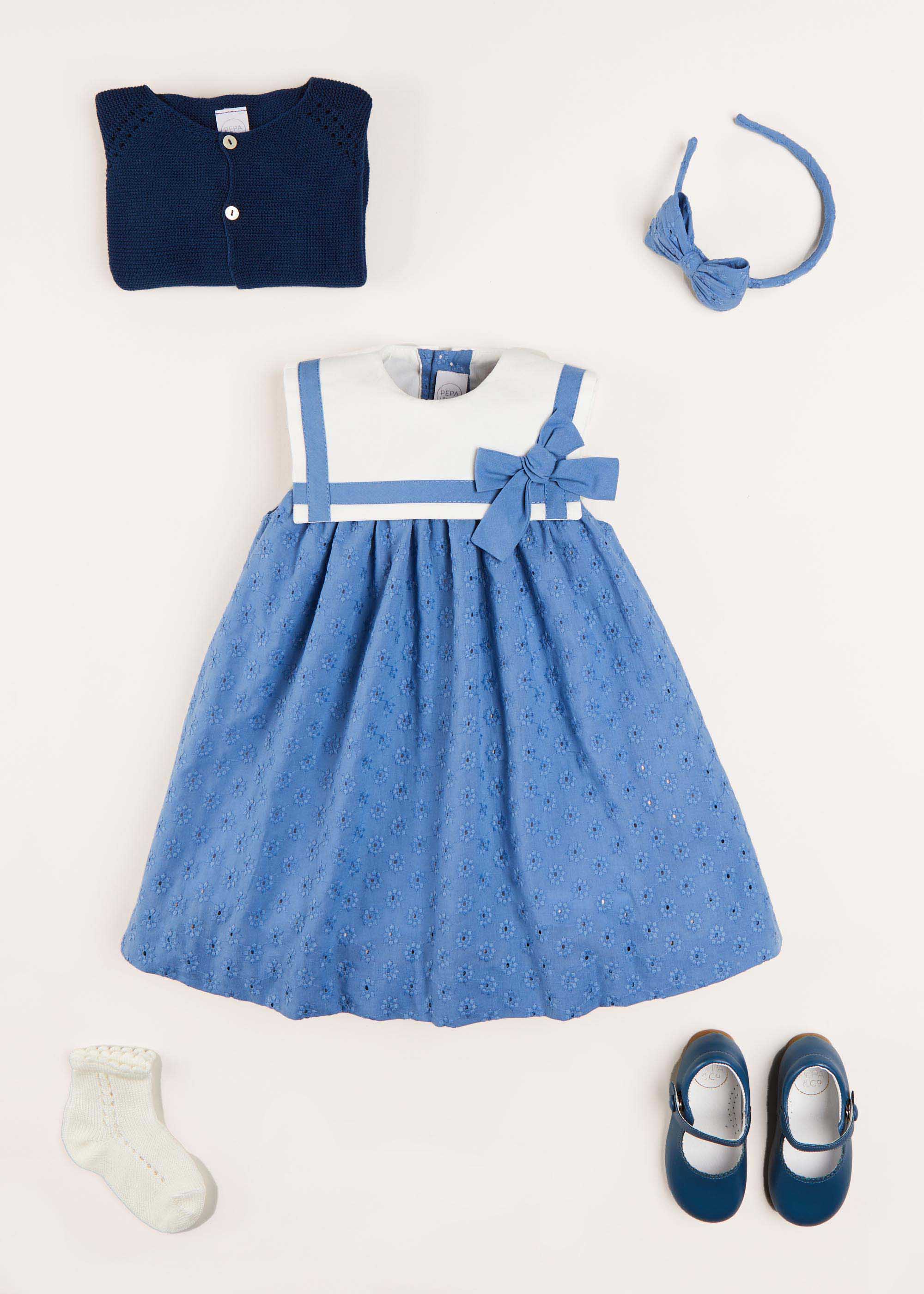 Broderie Anglaise Medium Bow Headband in Blue Hair Accessories  from Pepa London