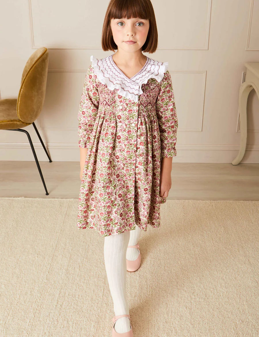 Daphne Floral Hand Smocked Double Breasted Dress in Pink (18mths-10yrs) Dresses  from Pepa London