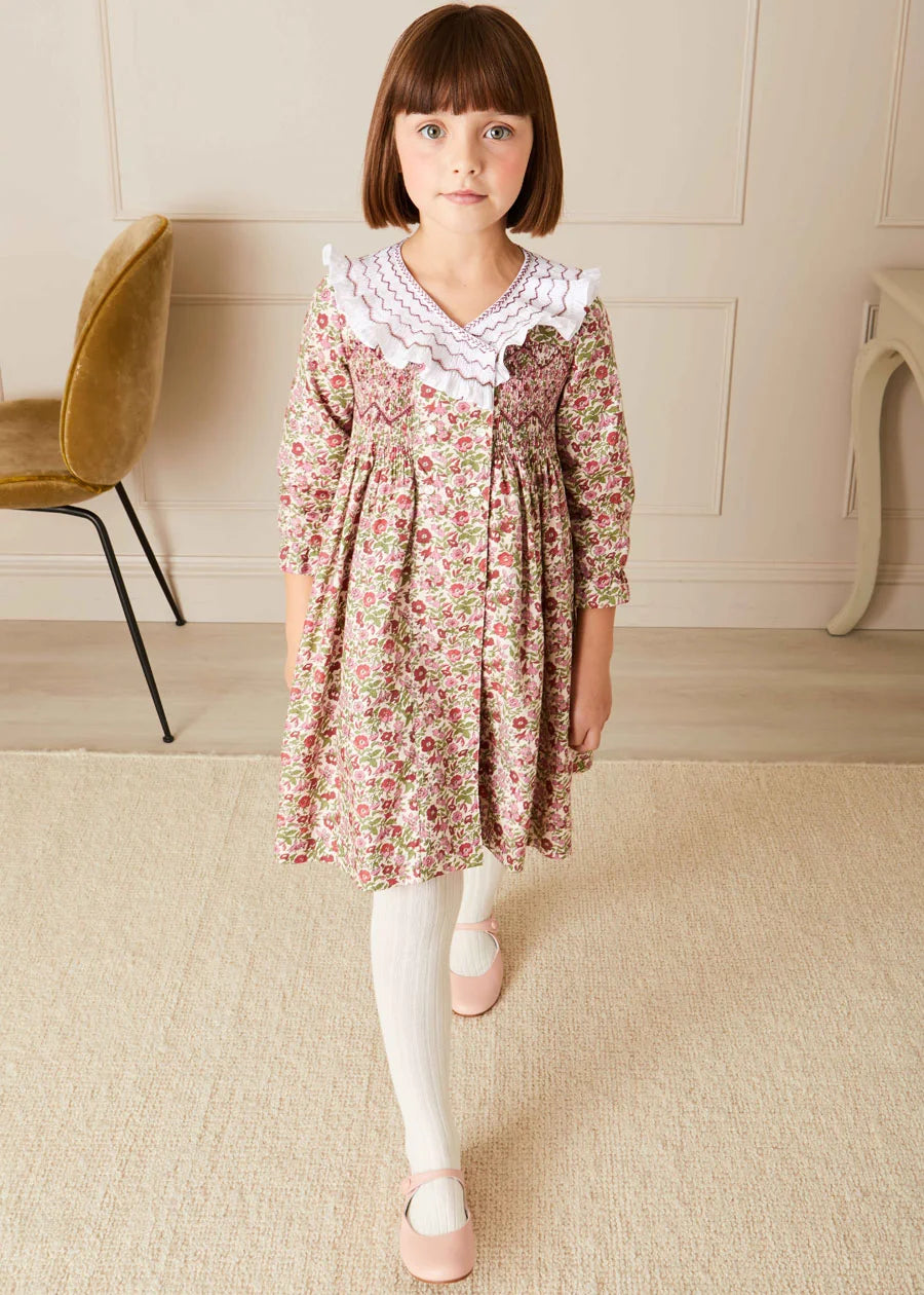 Daphne Floral Hand Smocked Double Breasted Dress in Pink (18mths-10yrs) Dresses  from Pepa London