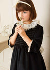 Velvet Smocked Lace Collar Long Sleeve Dress in Black (2-10yrs) Dresses  from Pepa London