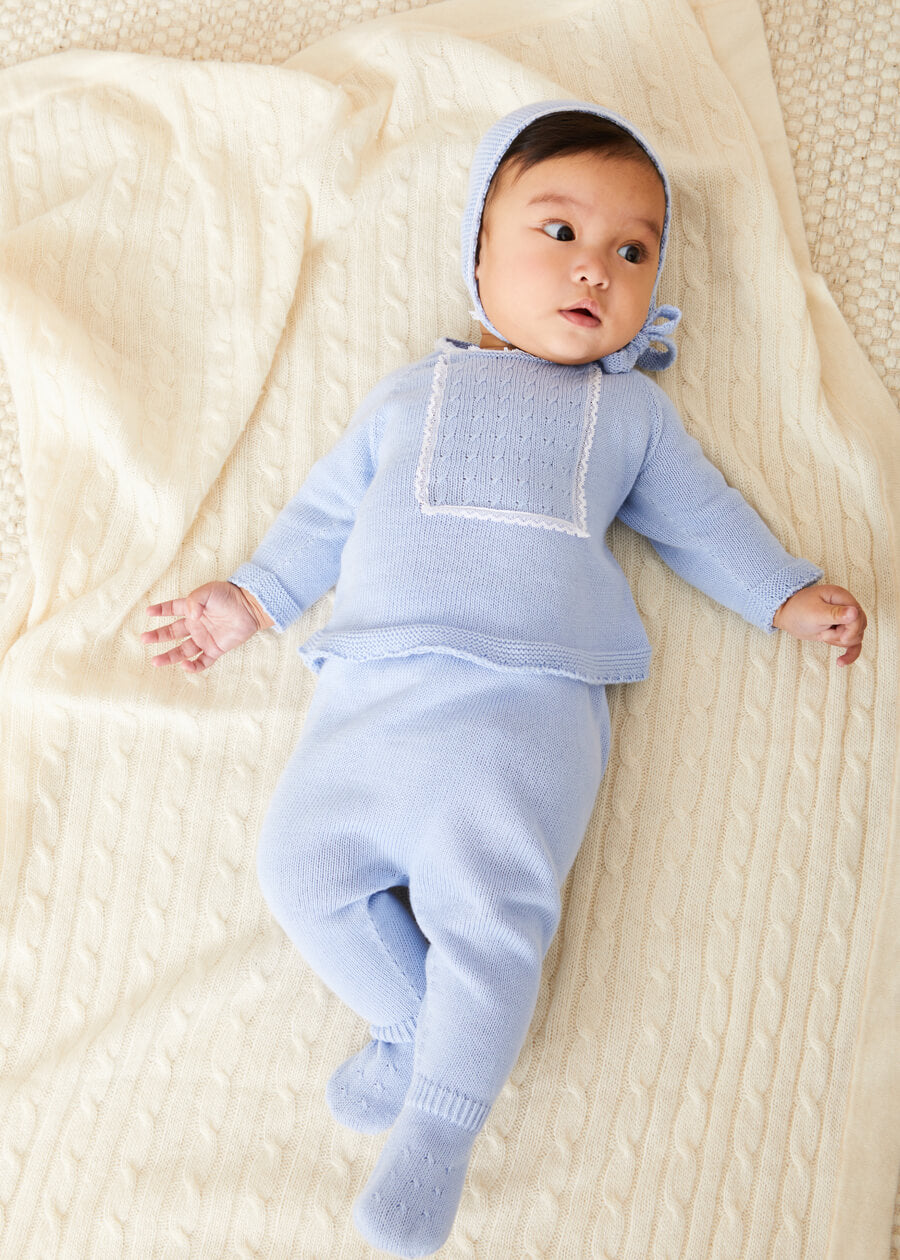 Lace Trim Knitted Set in Blue (1-12mths) Knitted Sets from Pepa London